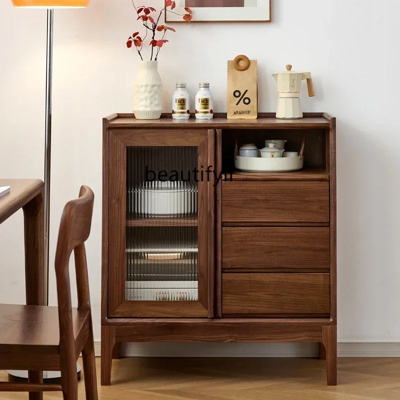 

LJYBlack walnut dining side cabinet Solid wood living room Dining room storage cabinet Glass door Storage tea cabinet