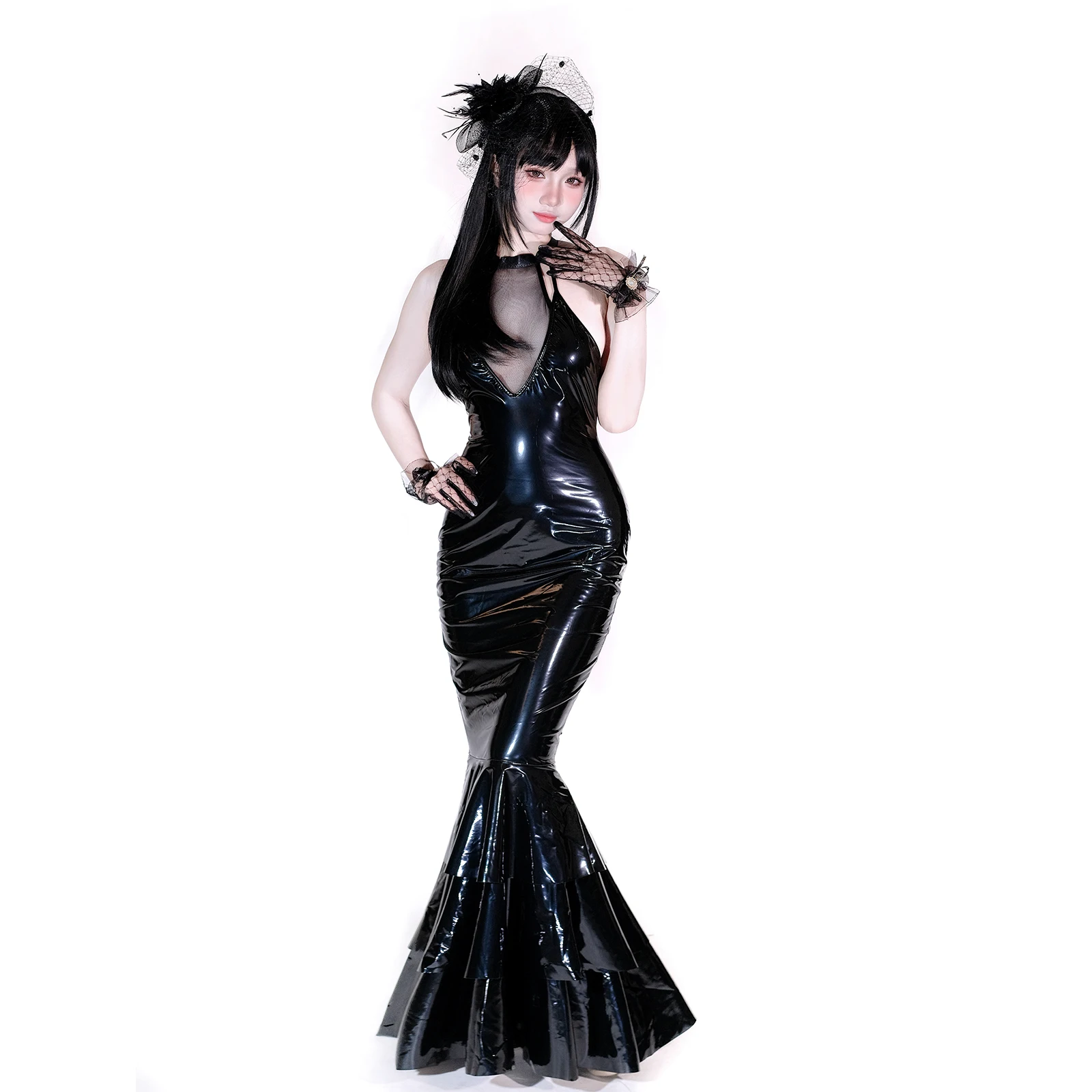 

SENMHS Original Sexy Anime Gothic Cheongsam Cosplay Costumes Patent Leather Hollow Backless Long Dresses Erotic Lingerie Women