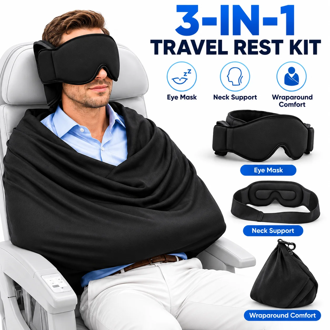 3-in-1 Adjustable EyeMask Airplane Sleep Support System Travel Pillow Multi-Use Office And Home Comfortable Pillow for Traveling