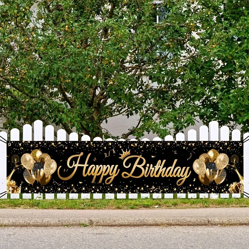1Pcs Black and Gold Birthday Banner Large Party Decoration Backdrop Happy Birthday Letter Banner for Yard Lawn Hanging Flag