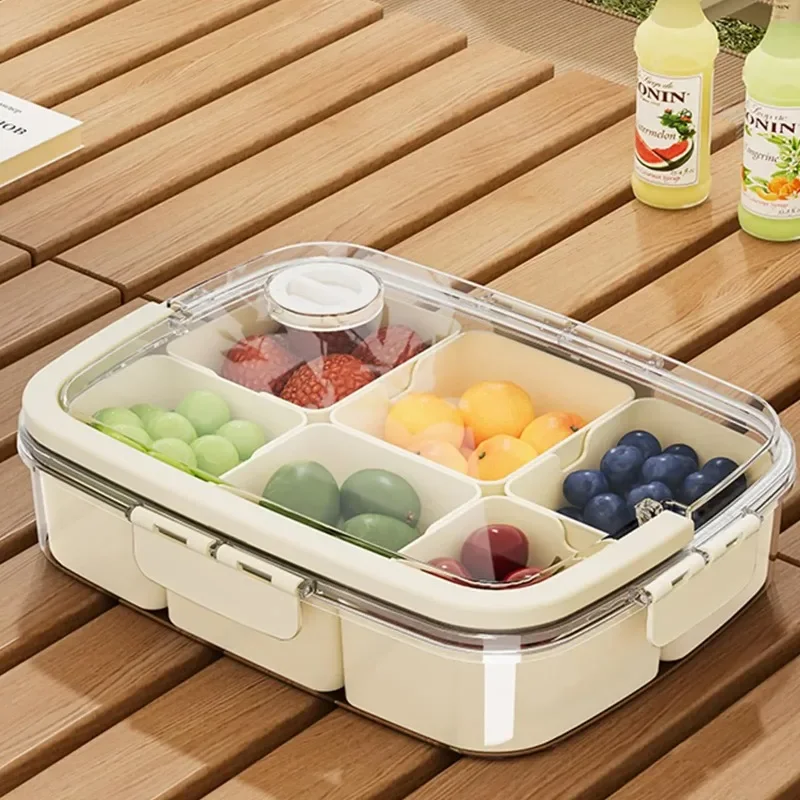 Snack box airtight Berry container, split serving tray with lid handle, for outdoor picnic fridge, 6 compartments