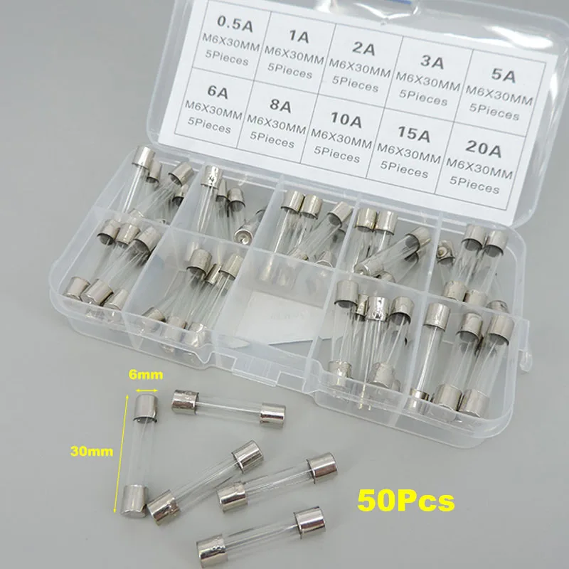 Analyste de mélange de tubes en verre à soufflage rapide, fusible assressenti, boîte, T 0,5 A, 1A, pipeline, 3A, 5A, instantané, 8A, 10A, 15A, 6x30mm, 50 pièces par boîte 20A 3cm 6x30 B4