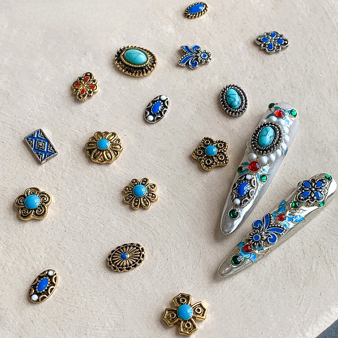 

Retro Chinese Court Noble Turquoise Alloy Metal Flower Ancient Jewelry Bohemian Ethnic Nail Art Accessories Decorations Manicure