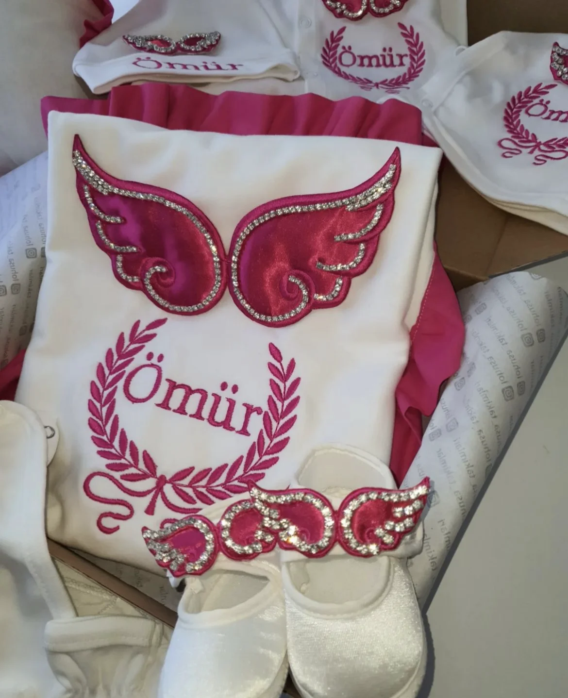 Dollbling Hospital Exit 5pcs Embroidery Name Newborn Angle Wings Romper Blanket  Nursery Bedding Swaddle Handmade Infant Outfit