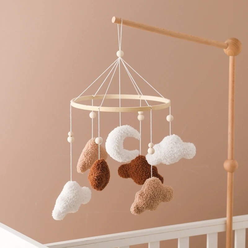 Baby Wooden Bed Bell Lambhair Mobile Hanging Toy Baby Crib Mobile Cartoon Cloud and Moon Pendant Toy Holder Arm Bracket Kid Gift