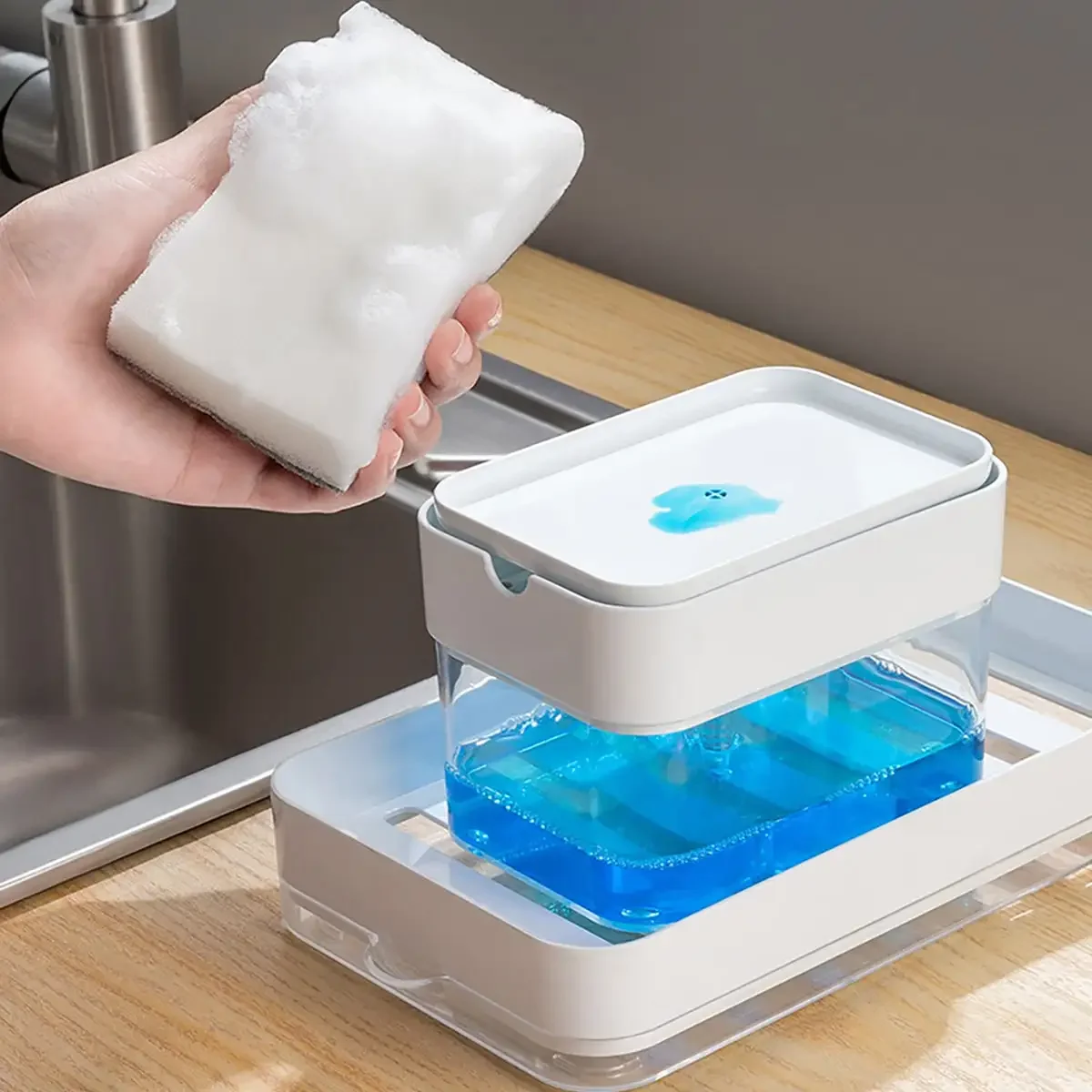 1 pc- Kitchen detergent press automatic liquid dispensing box, sponge wipe combination cleaning dishwashing tool