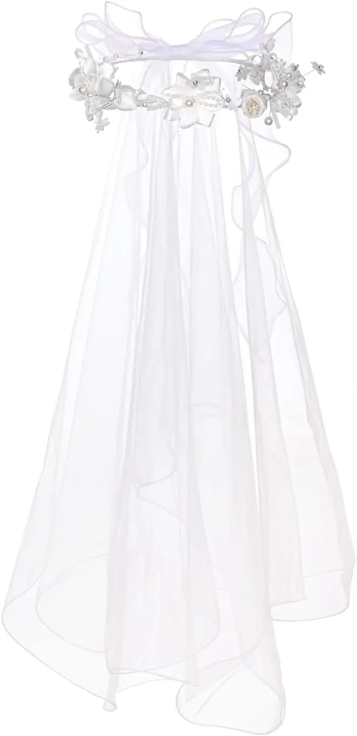 

White Floral Crown with Pearls First Communion Veil for Girls