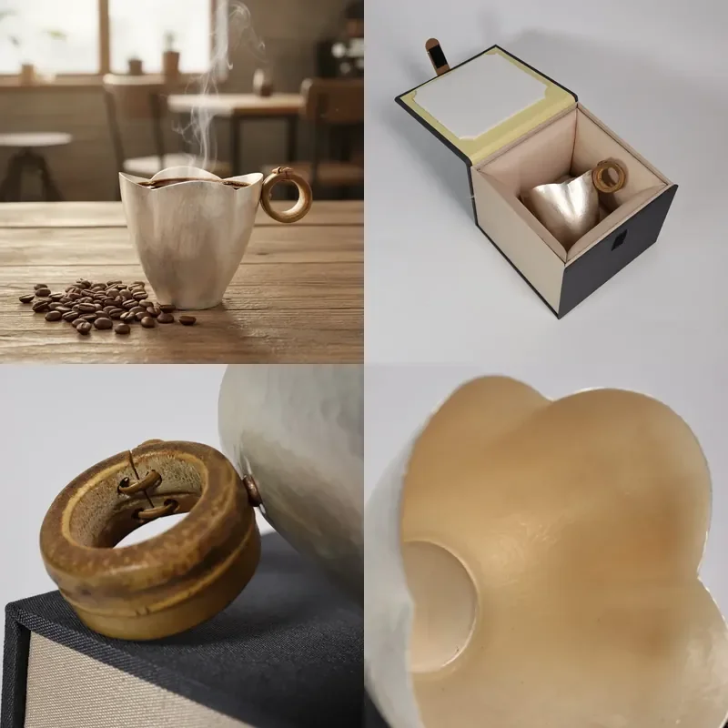 【CHIMU HOME】 Silver Plated Bamboo Handle Cup with Petal Flower Rim Modern Eco Friendly Design for Daily Use