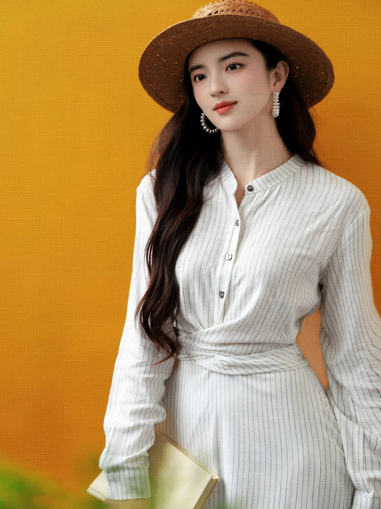 JUJU Vestido Camisero a Rayas Blanco de Otoño para Mujer, Manga Larga, Estilo Elegante y Sofisticado, con Cinturón Ajustable