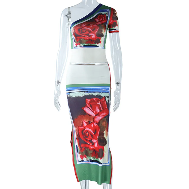 Wind 2023 moda de verano impreso Sexy fuera del hombro bolso de manga cadera medio cuerpo falda conjunto de dos piezas para mujeres