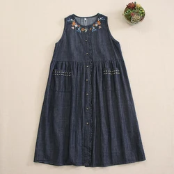 Spring Autumn Vintage Floral Embroidery Denim Tank Dress Women O-Neck Sleeveless Casual Loose Single Breasted Jeans Dresses