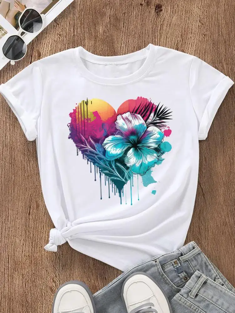 

Clothing Female Fashion Tee Women Top Casual Love Heart Flower Beach Short Sleeve Printed T Shirt Clothes Graphic T-shirts