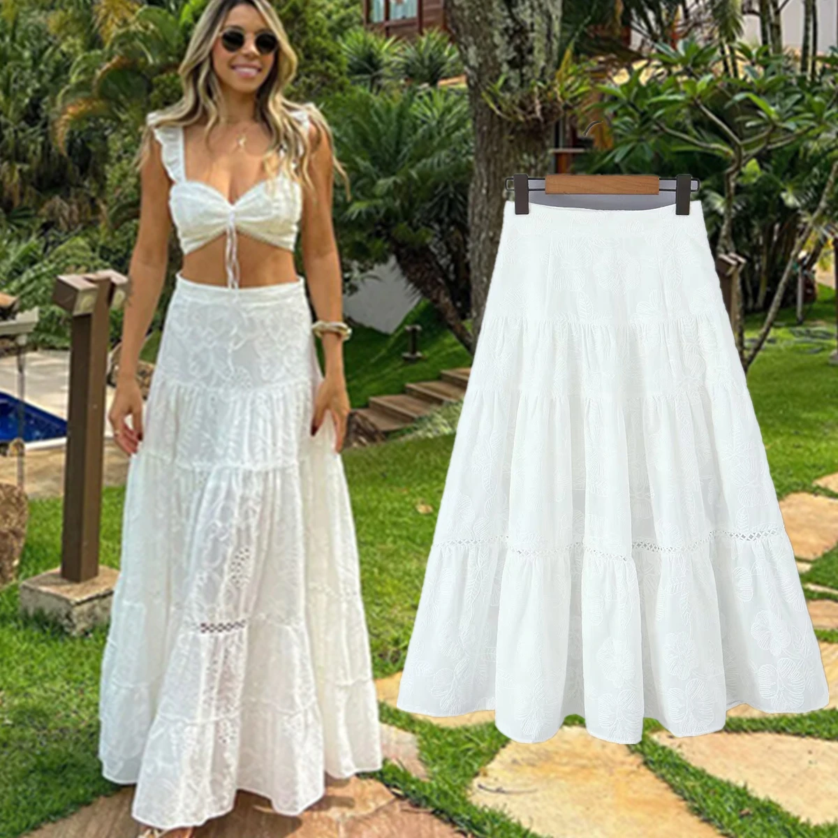 

Dave&Di French Country Lazy Cotton Embroidered Skirt Minimalist White Holiday Casual High Waist Midi Skirt Women