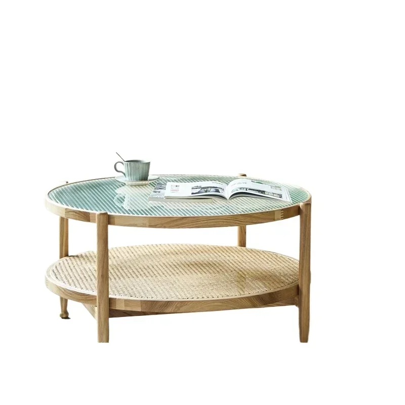 Modern simple small apartment size round table combination household solid wood rattan coffee table living room