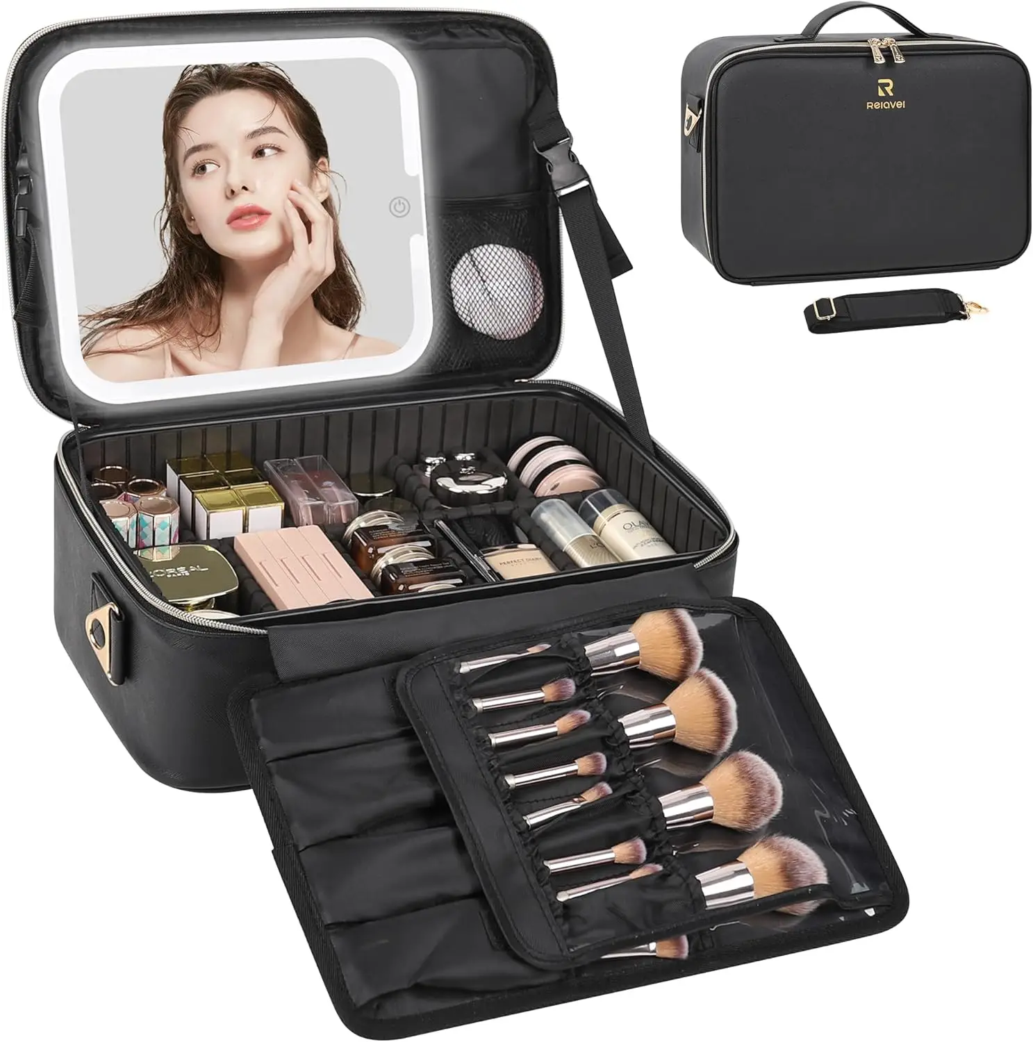 

Professional Travel Cosmetic Bag with LED Mirror, Removable Partitions, Waterproof Case for Women in Black