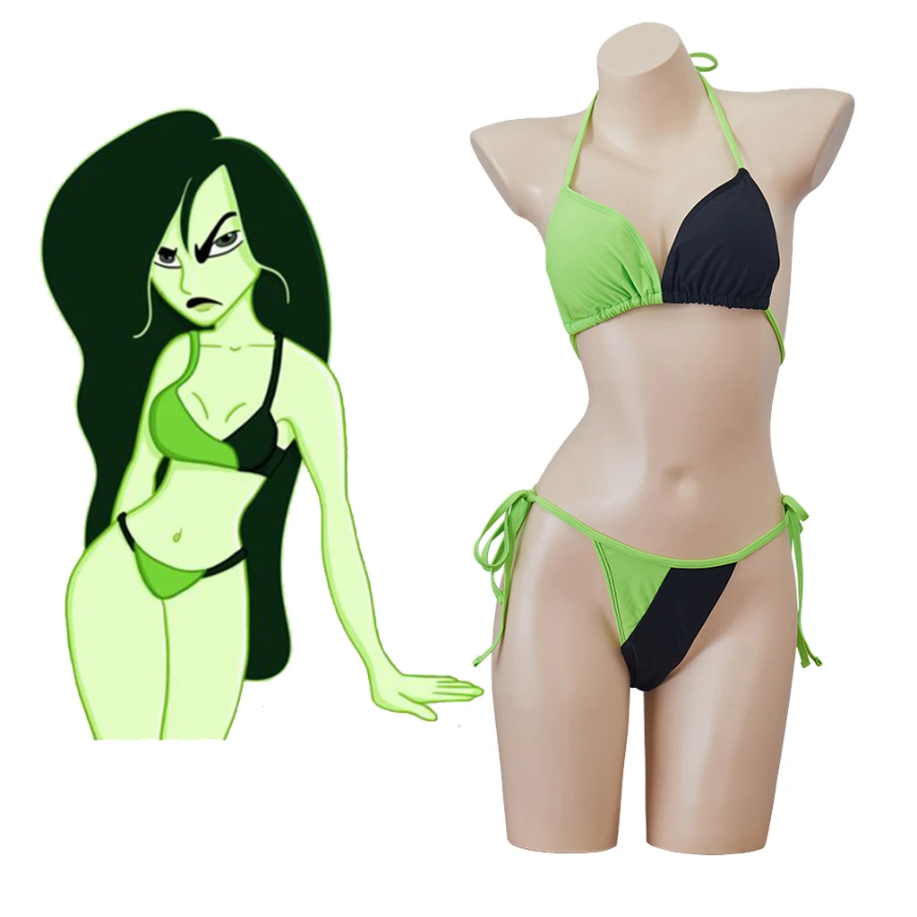 Anime Shego Cosplay Costume Swimsuit Set Adult Women Shego Green Sexy Bikini Outfits Halloween Swimsuit Party Clothing