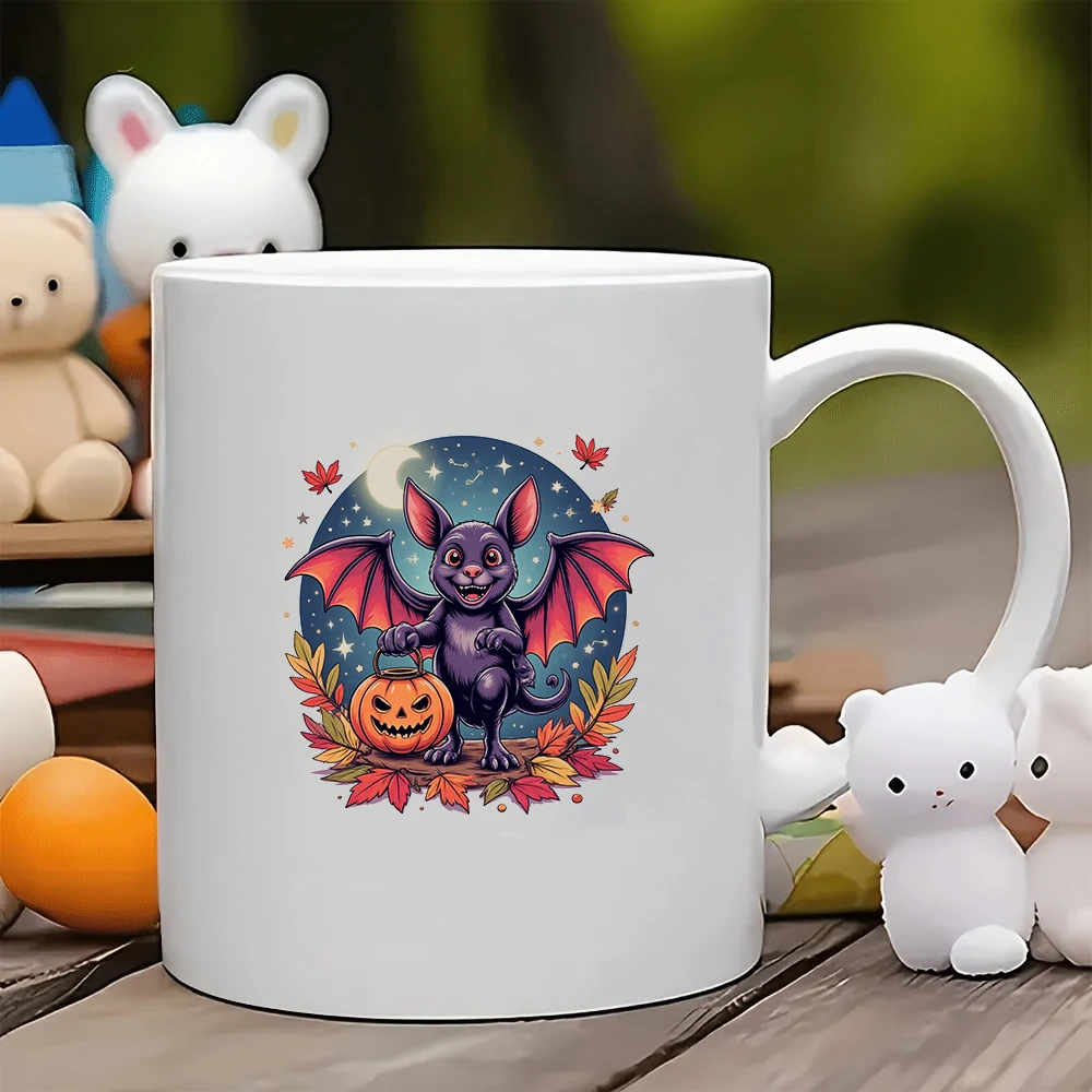 ハロウィンコウモリイラスト 11オンス漫画マグカップ ハロウィンキッズ用冷温飲料カップ 家族 オフィス クリスマスギフト クリエイティブオフィスC