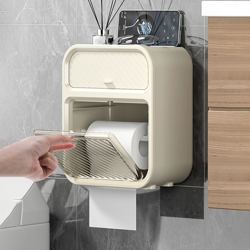 

Multifunctional Double Layer Toilet Paper Storage Box Wall Mounted Punch-Free Waterproof Bathroom Tissue Holder with Drawer