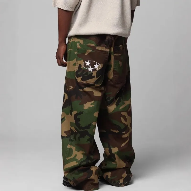 

Европейские и американские камуфляжные джинсы в стиле ретро со звездами, уличные свободные широкие брюки в стиле хип-хоп, мужские и женские джинсовые брюки
