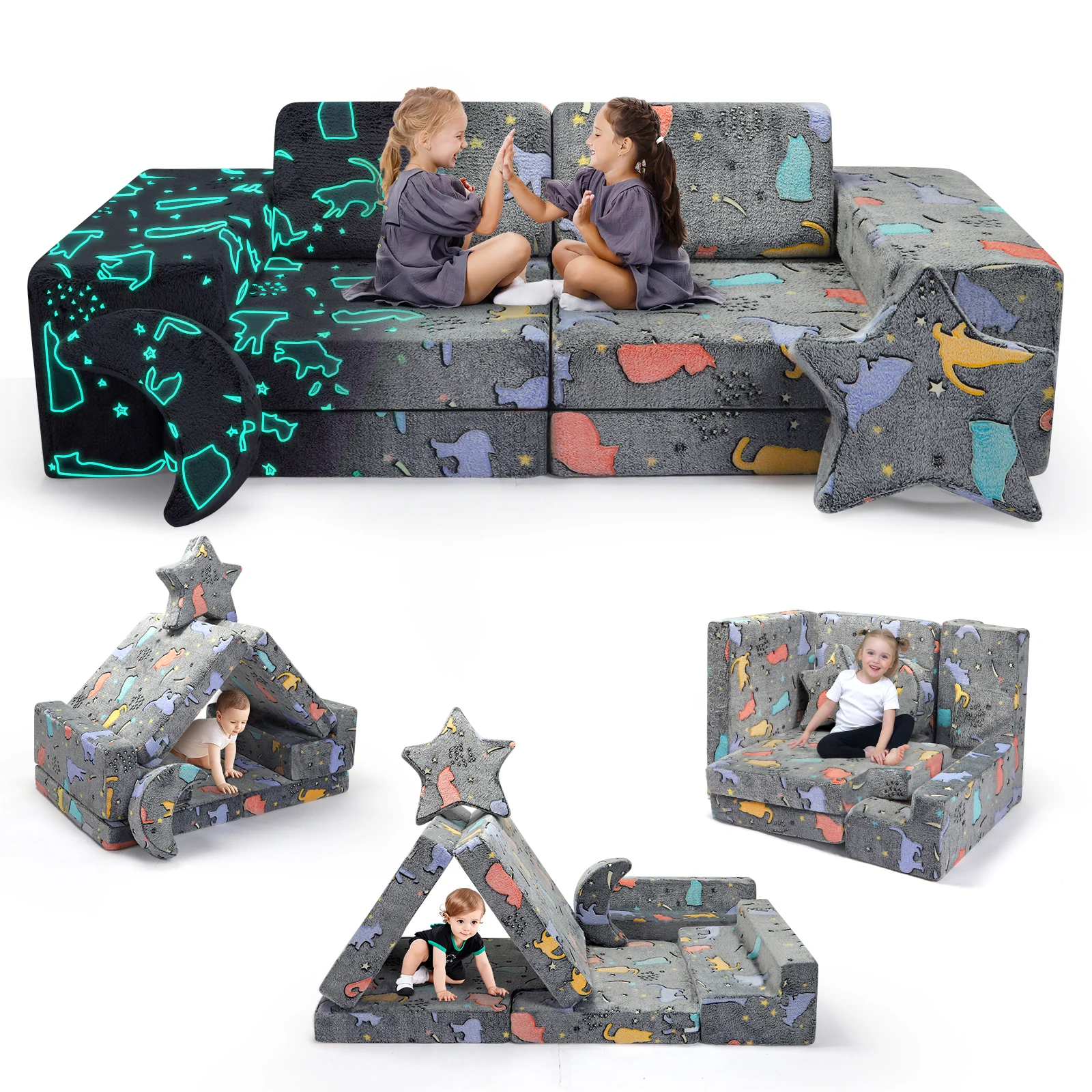 10-teiliges Kinder-Sofa-Set, im Dunkeln leuchtend, Sternen-Design, hautfreundlich, 25D hochdichter Schwamm, Indoor-Spielsofa-Set