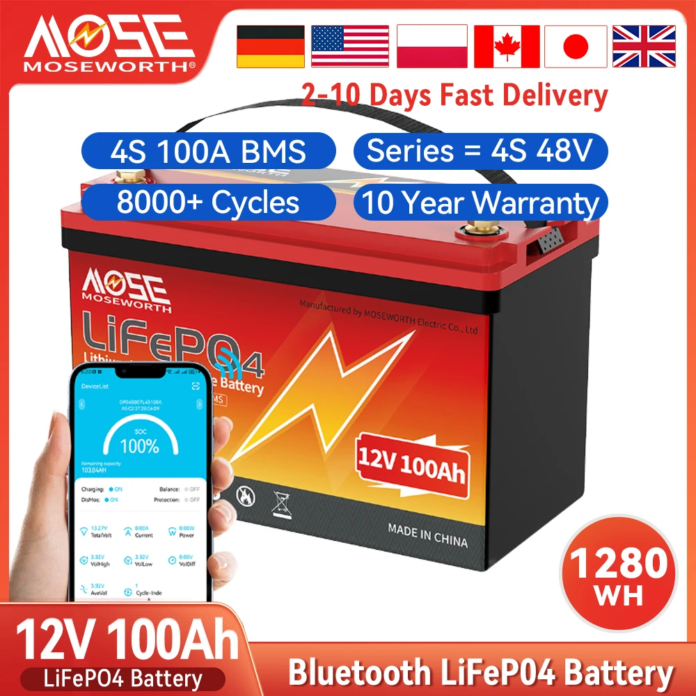 12V 100Ah LiFePO4 Lithium Battery With Bluetooth 12.8V 8000+Deep Cycle Battery Pack 100A Smart BMS For Marine Trolling Motor RV