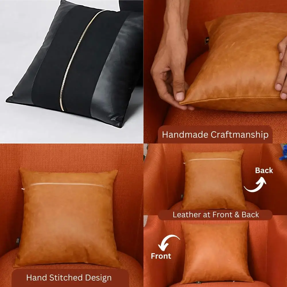 

Lambskin Leather Pillow Cover - 14x14 Sofa Cushion Case for Living Room and Bedroom Decorative Throw Covers