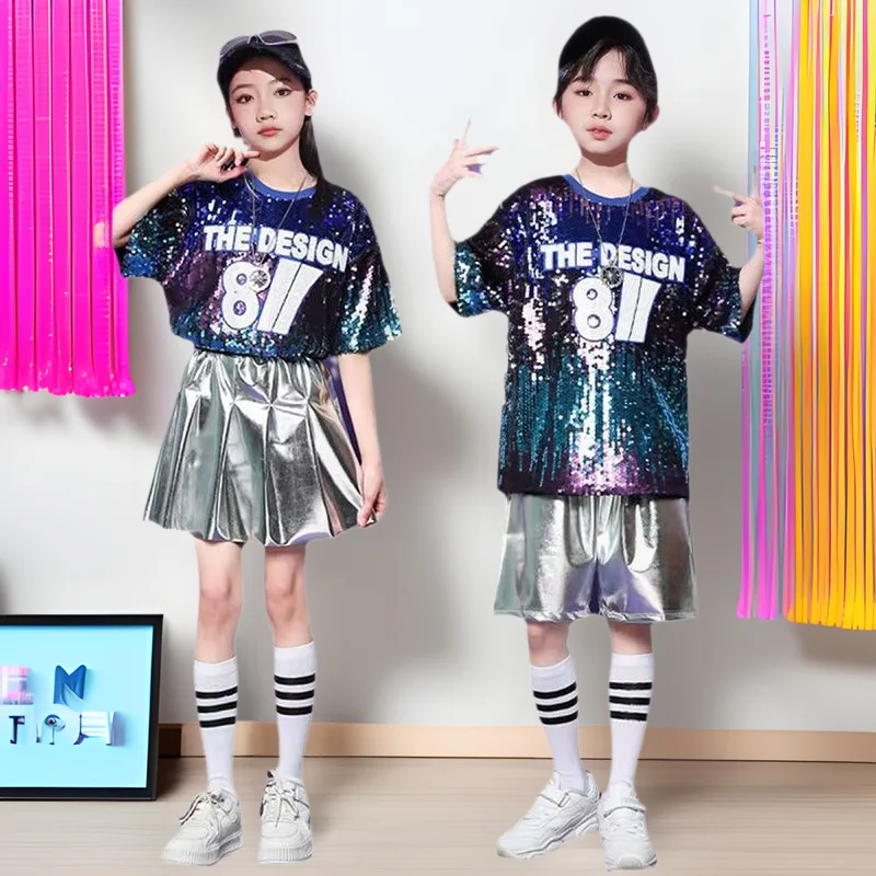 Stroje jazzowe hip-hopowe dla dzieci, modelki studyjne, wybieg, prowadzący program, moda, cekinowy garnitur, półki dla dzieci, perkusja, stroje cheerleaderek