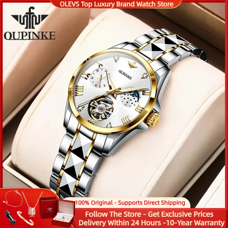 OUPINKE 3202 Moon Phase Mechanical Watch for Women Elegant Skeleton Dial Chronograph Date Ladies' Automatic Wristwatches Luxury