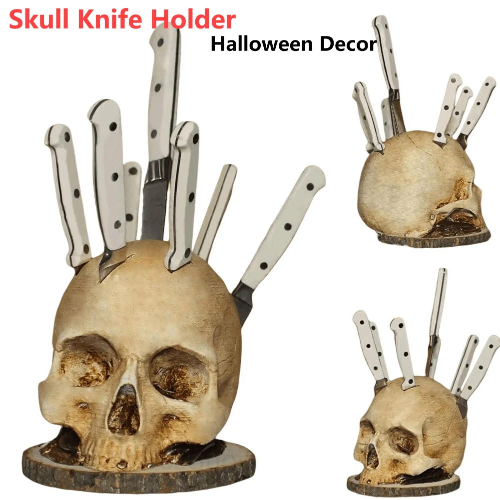 

Skull Knife Holder Kitchen Horror Knife Storage Rack Halloween Ornament Gifts Party Tool Kitchen Decoration Storage Accessories