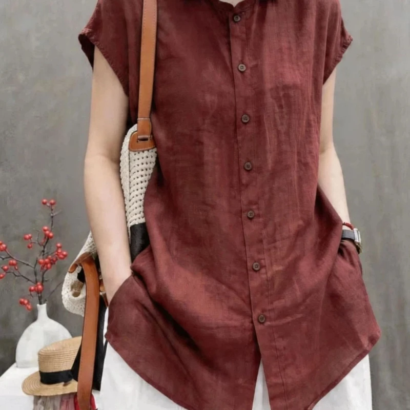 Office Lady Short Sleeve Solid Button Simplicity Blouse Women Clothing Summer Polo Neck Loose Vintage Shirt Tops Casual Fashion