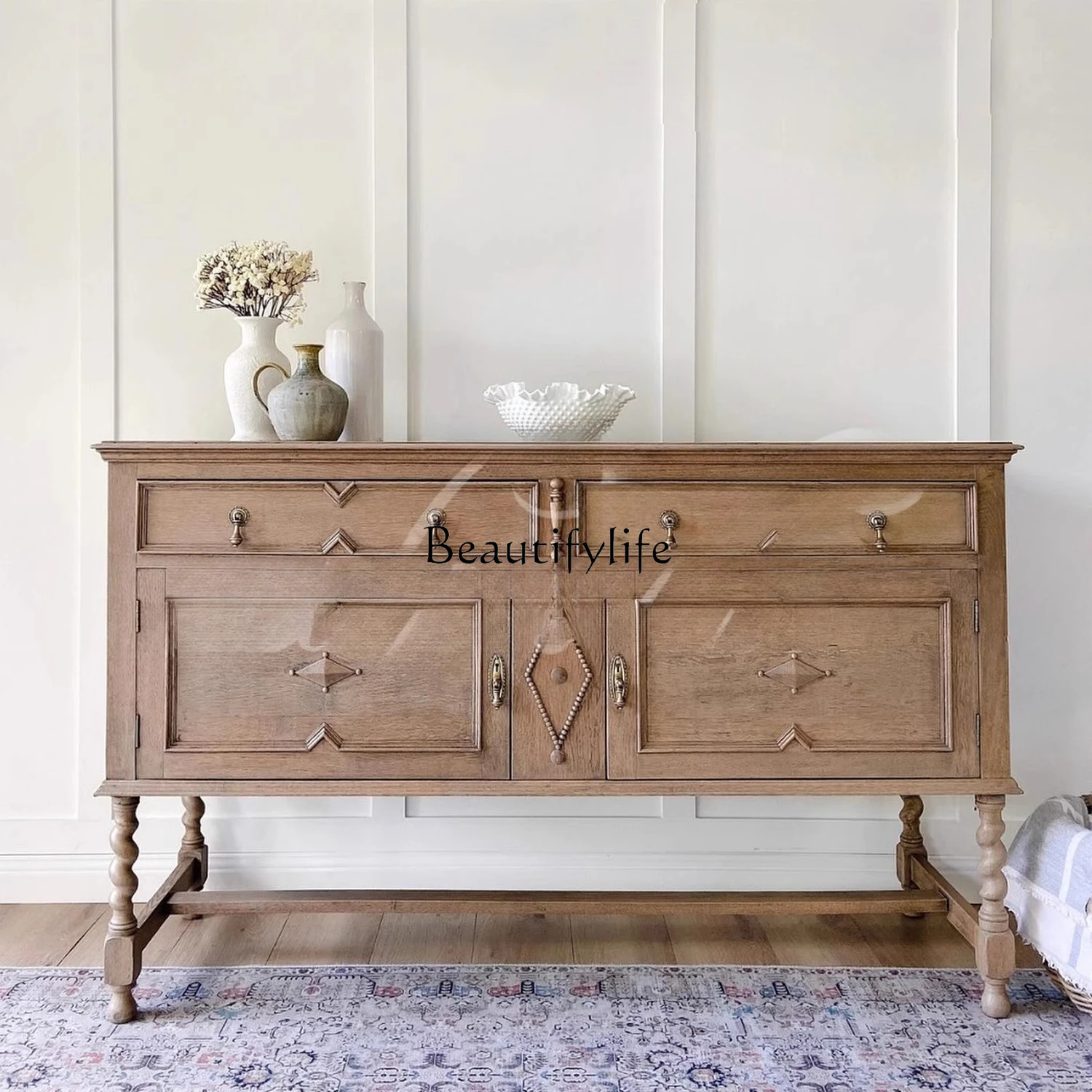 

French Retro Solid Wood Sideboard Cabinet for Living Room, Home Entrance Storage Rack, Wall-Mounted Storage Cabinet