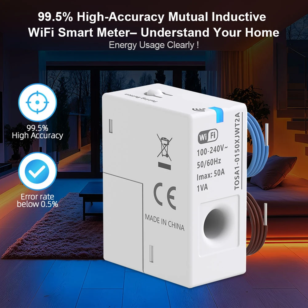 

1pc Smart WiFi Energy Meter 1-50A Real-time Power Energy Monitoring Voltage Power Factor Temperature Data Track Circuit Breaker