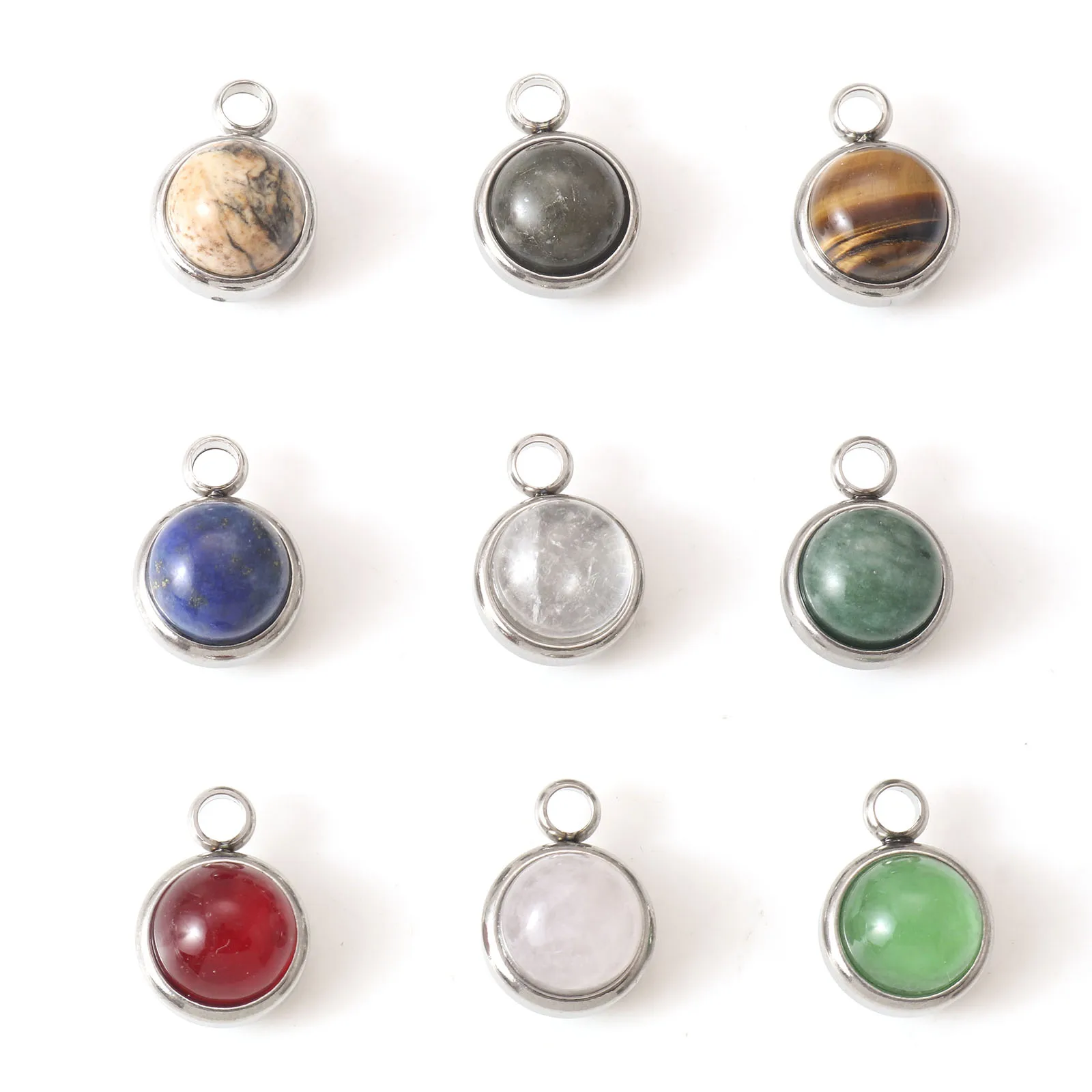 1 PC Natural Stone 304 Stainless Steel Charms Silver Color Multicolor Round Charms Pendants for DIY Earrings Necklace 14mmx10mm