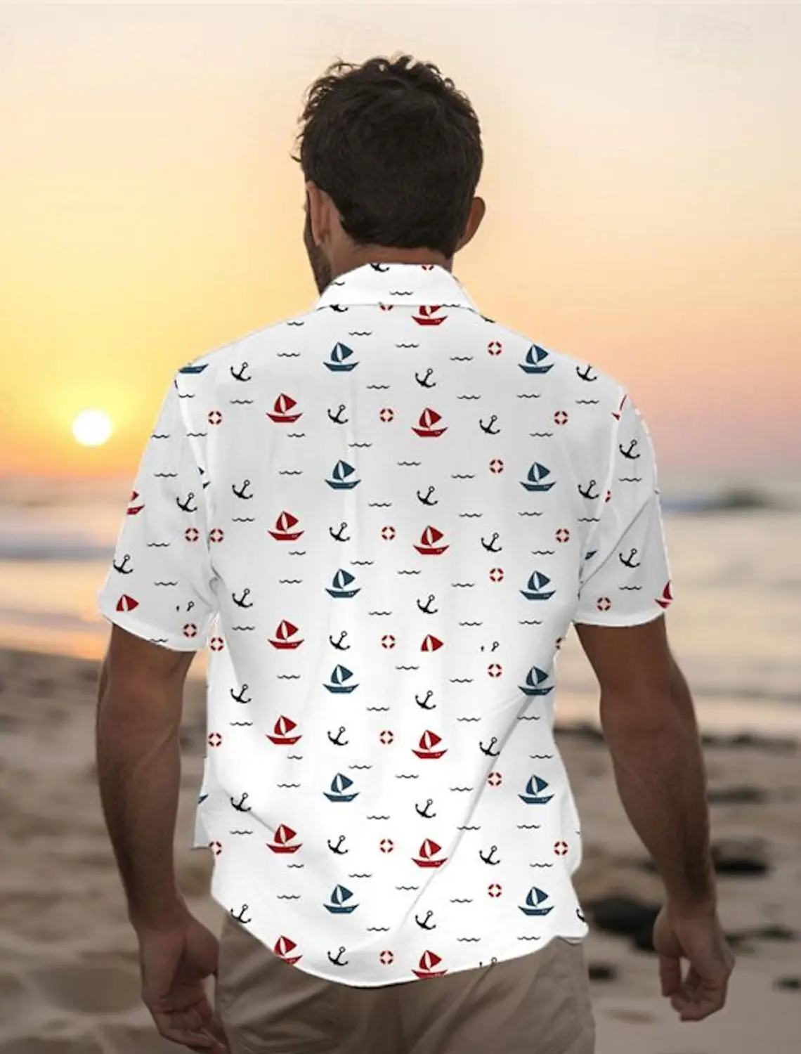 Sailboat Graphics Men\'s Resort Hawaiian Casual 3D Printed Street Shirt Summer Turndown Short Sleeves 4-Way Stretch Fabric Shirts