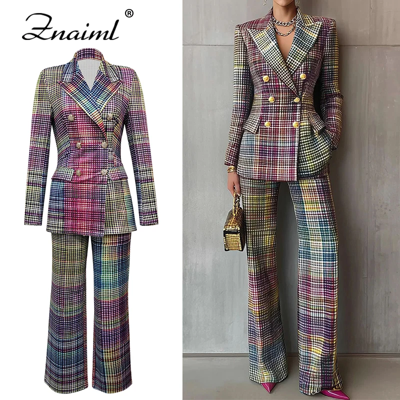 Znaiml Chic منقوشة مطبوعة ضئيلة المرأة السترة البدلة التلبيب سترة بأكمام طويلة وسراويل مستقيمة عالية الخصر 2 قطعة مجموعة مكتب #1
