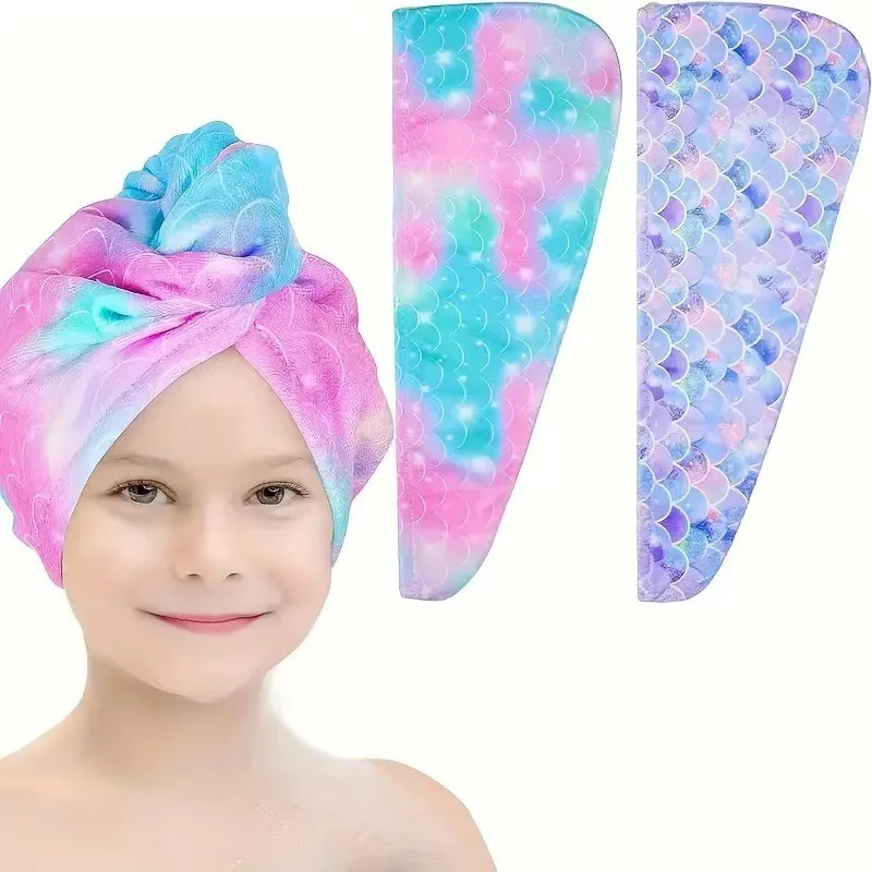 2Pcs Microfiber Hair Towel Wrap for Girls Cartoon Hair Wrap Towel Quick Drying Printed Hair Towel Gifts for Girls Sister Friend