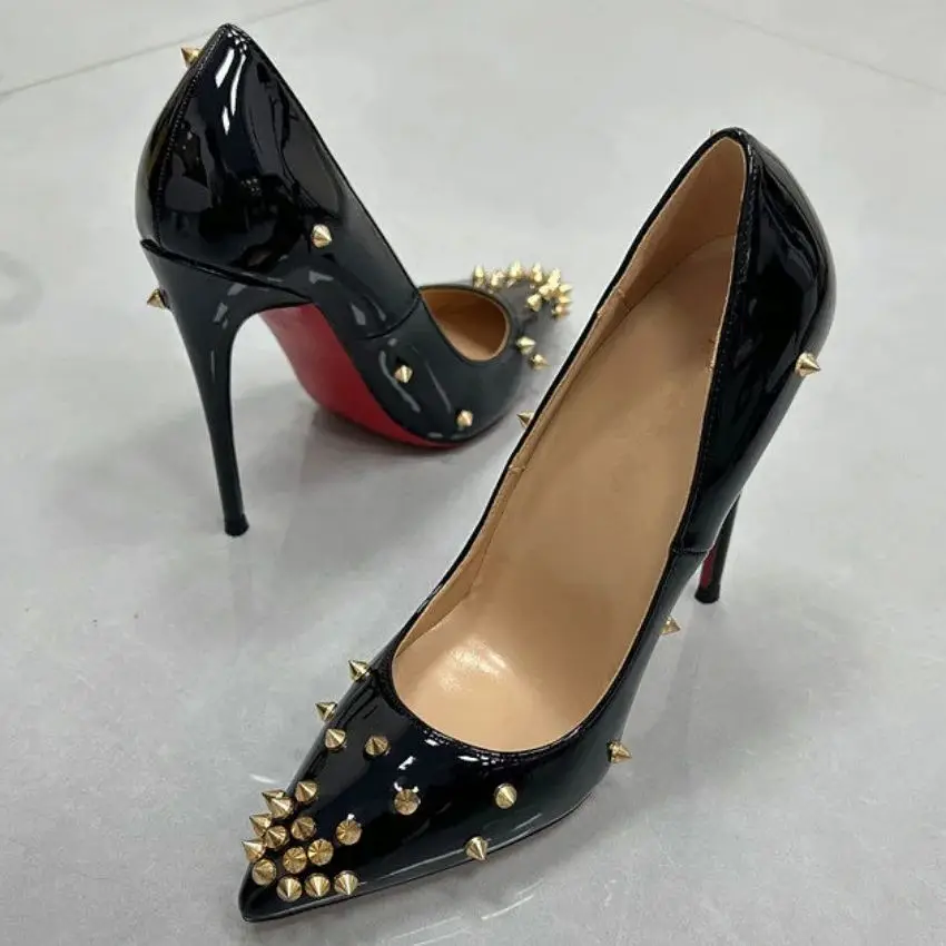 Gold Rivets Decorate Black Leather Women Single Shoes Pointed Toe Red Sole Pumps Female 8 10 12cm High Heels Classics Style 2026