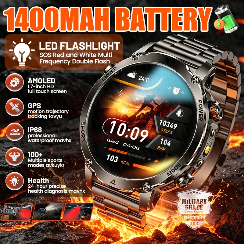 Neue Outdoor 1400mAh Langlebige Batterie Smartwatch GPS SOS Taschenlampe IP68 Wasserdicht Bluetooth-Anruf Sport-Smartwatches Herrenuhr