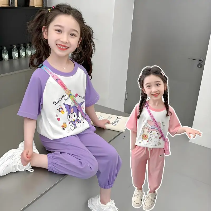 

Anime Kuromi Girls Short-Sleeved Trousers Suit Sports Style My Melody T-Shirt Sports Pants Two-Piece Set Pure Cotton Casual Gift