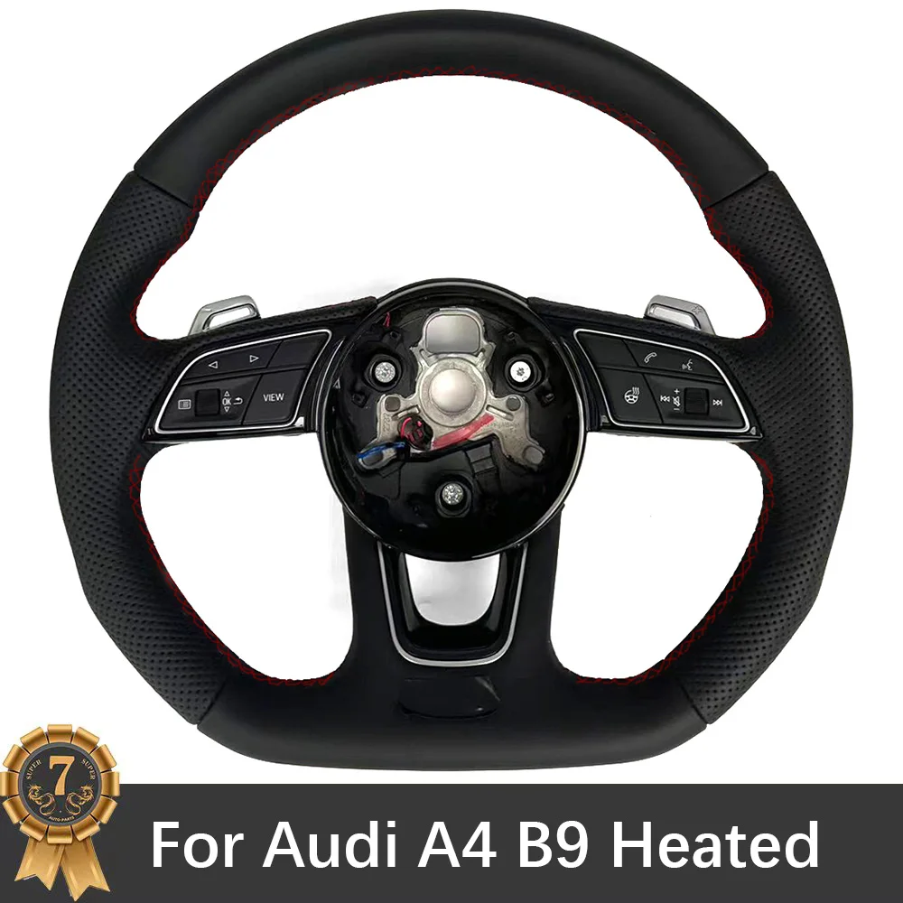 For Audi A4 B9 Punched Leather Red Stitching Heated Steering Wheel With Paddles Button S/RS Logo Assembly Accessories