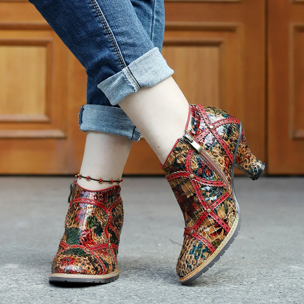 

Genuine Leather Mixed Colors Platform Boots Women Shoes 2024 New Autumn Zip Rivet Round Toe Sewing High Heel Ankle Boots