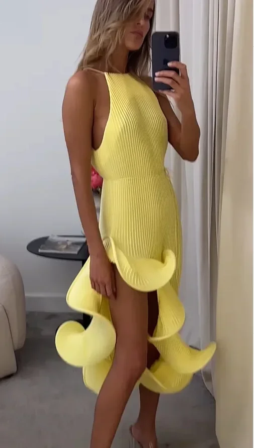 

Summer New Women Romantic Yellow Halter Maxi Dress Ribbed Knit Ruffled High-slit Slim-fit Trendy Fashion Vestidos