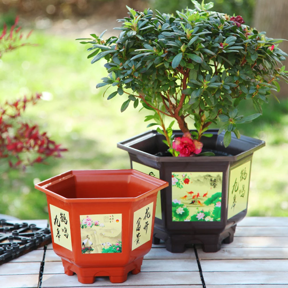 New Thickened Large-diameter Hexagonal Pot Imitation Purple Sand Printing Fruit Tree Rose Plastic Resin Potted Bonsai Flower Pot