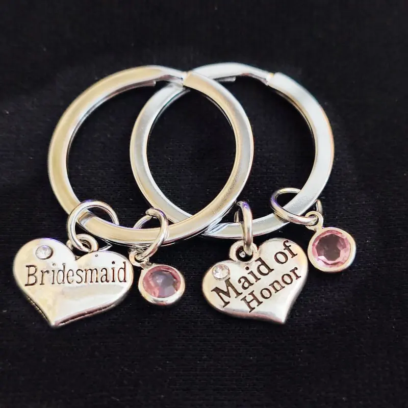 Bridesmaid Keychain with Heart Charm And Pink Stone - Perfect Wedding Gift for The Bridesmaid