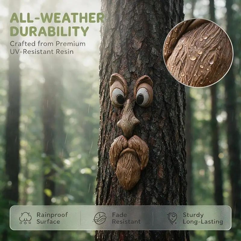 Whimsical Tree Face Resin Statue, Tree Hugger Decor with Bark Texture, Weatherproof Outdoor Garden Yard Ornament, Creative Tree