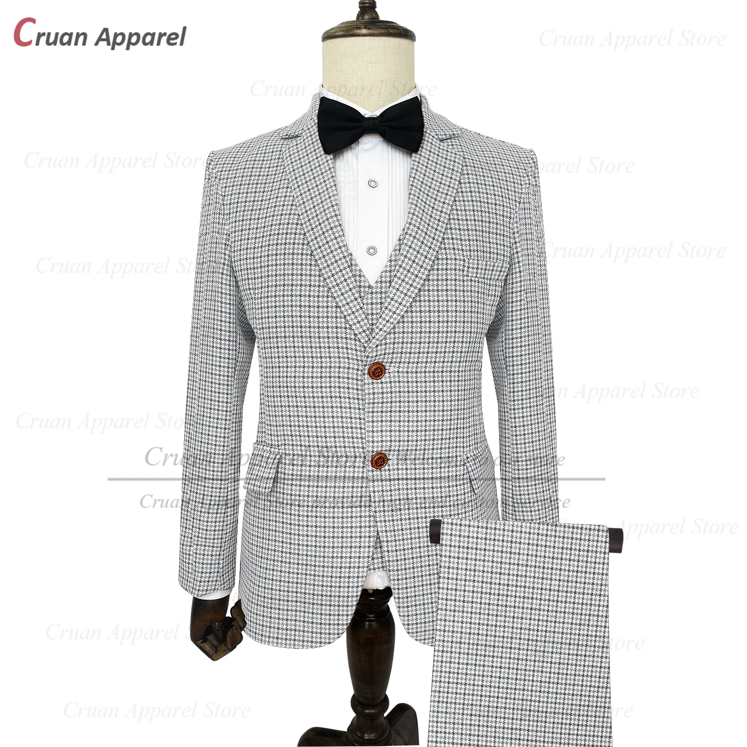 Grey Plaid Suit Sets For Men Formal Dinner Business Lattice Printing Tuxedos Wedding Groom Fashion Jacket Vest Pants 3 Pieces