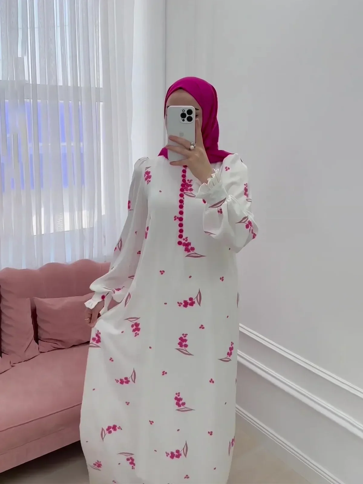 Eid มุสลิมชุดผู้หญิงหวานพิมพ์ชุดยาวปุ่ม Ramadan โมร็อกโก Vestidos Largos ดูไบตุรกี Robe Jalabiya 2025
