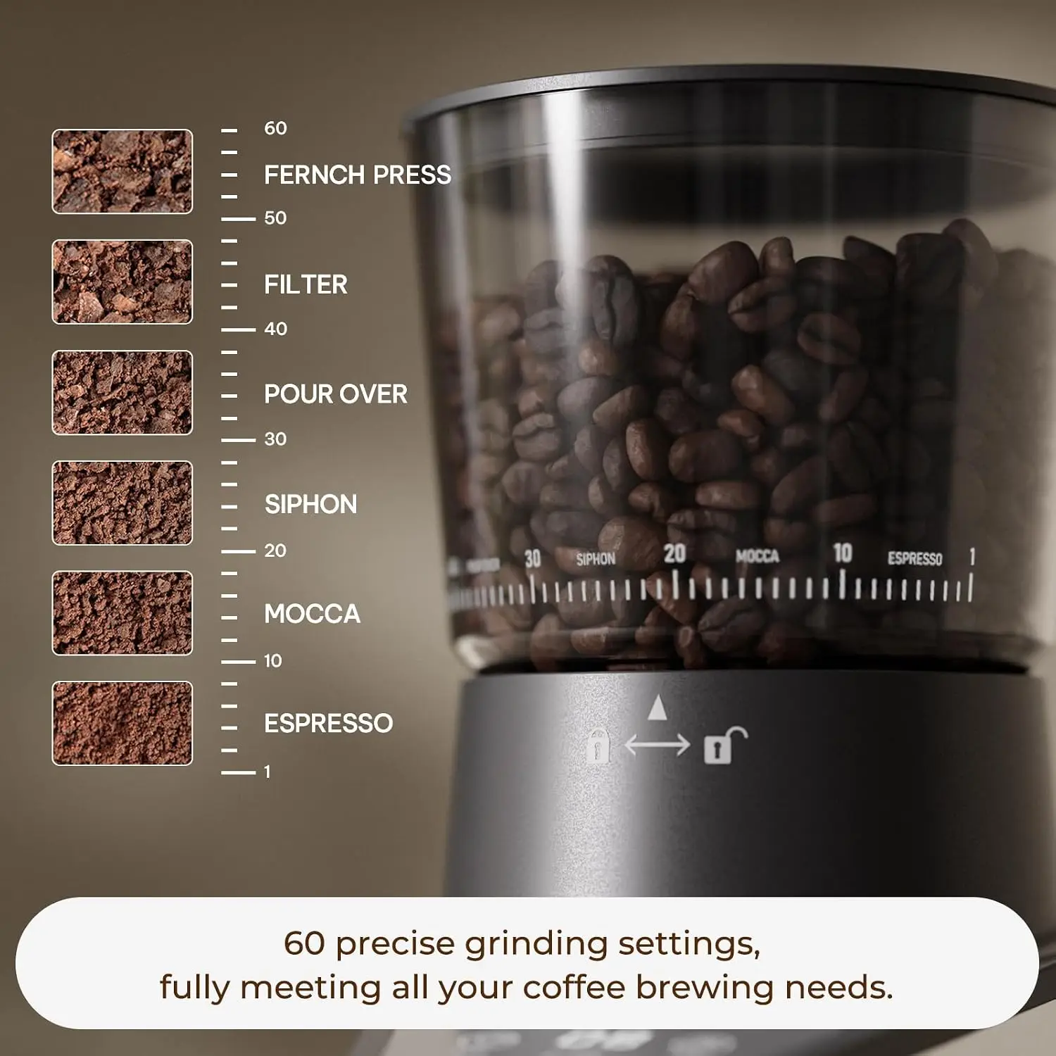 Conical Burr Coffee Grinder 60 Settings Anti Static Black