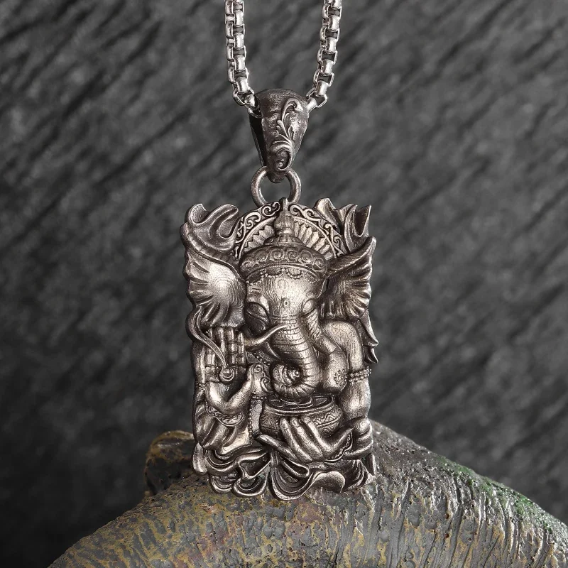 Retro Fashion Indian Ganesha Long Nose Card Pendant Necklace Men's Fashion Wisdom Good Luck God Jewelry Accessories