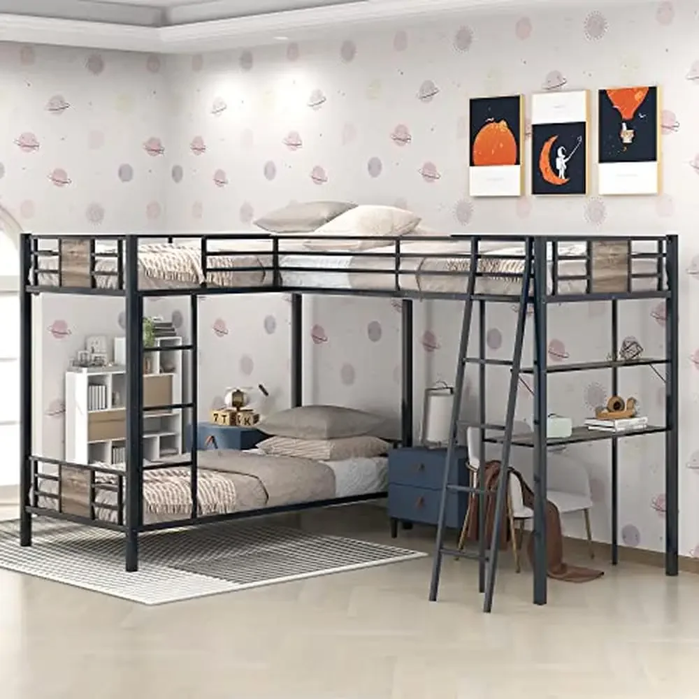 Triple Bunk Bed Desk Shelf L-Shaped Metal Bunk Bed 3 Kids Teens Adults Twin Over Twin Loft Bed Space Saving Design Guardrail